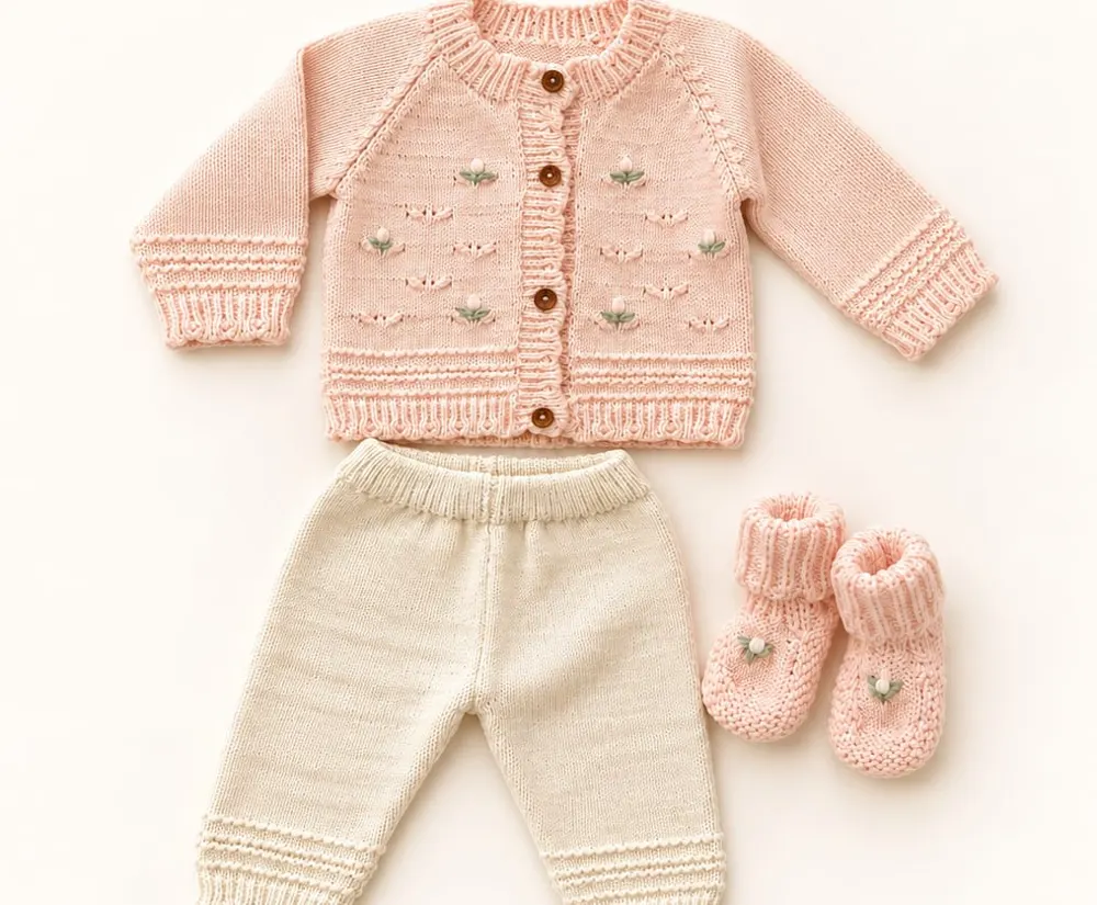 Conjunto tejido rosa en hilo de algodón con escarpines