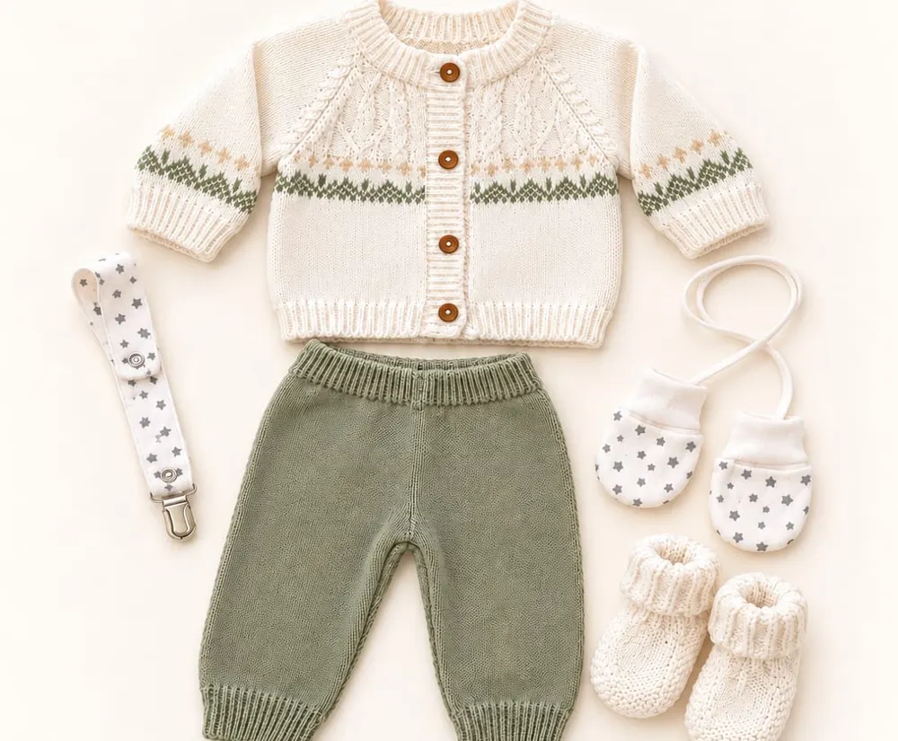 Conjunto tejido crema y verde con mitones y escarpines