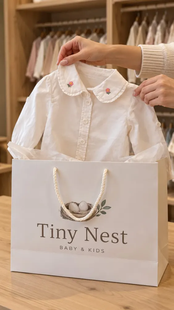 Blusa con cuello bordado saliendo de la bolsa de regalo de Tiny Nest